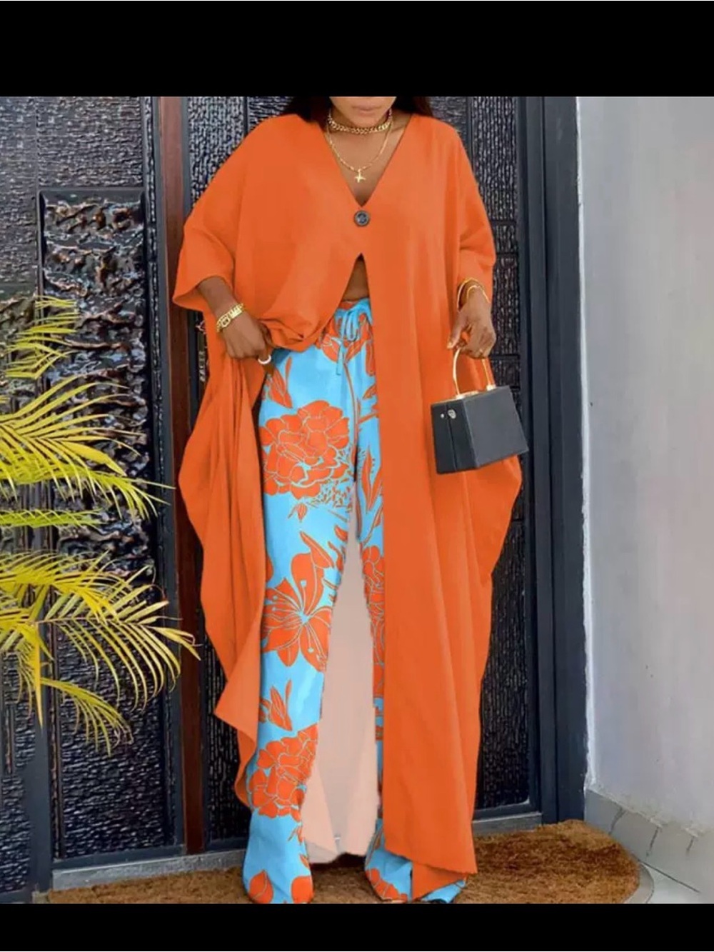 Bright Orange Maxi Duster with Blue Floral Pants